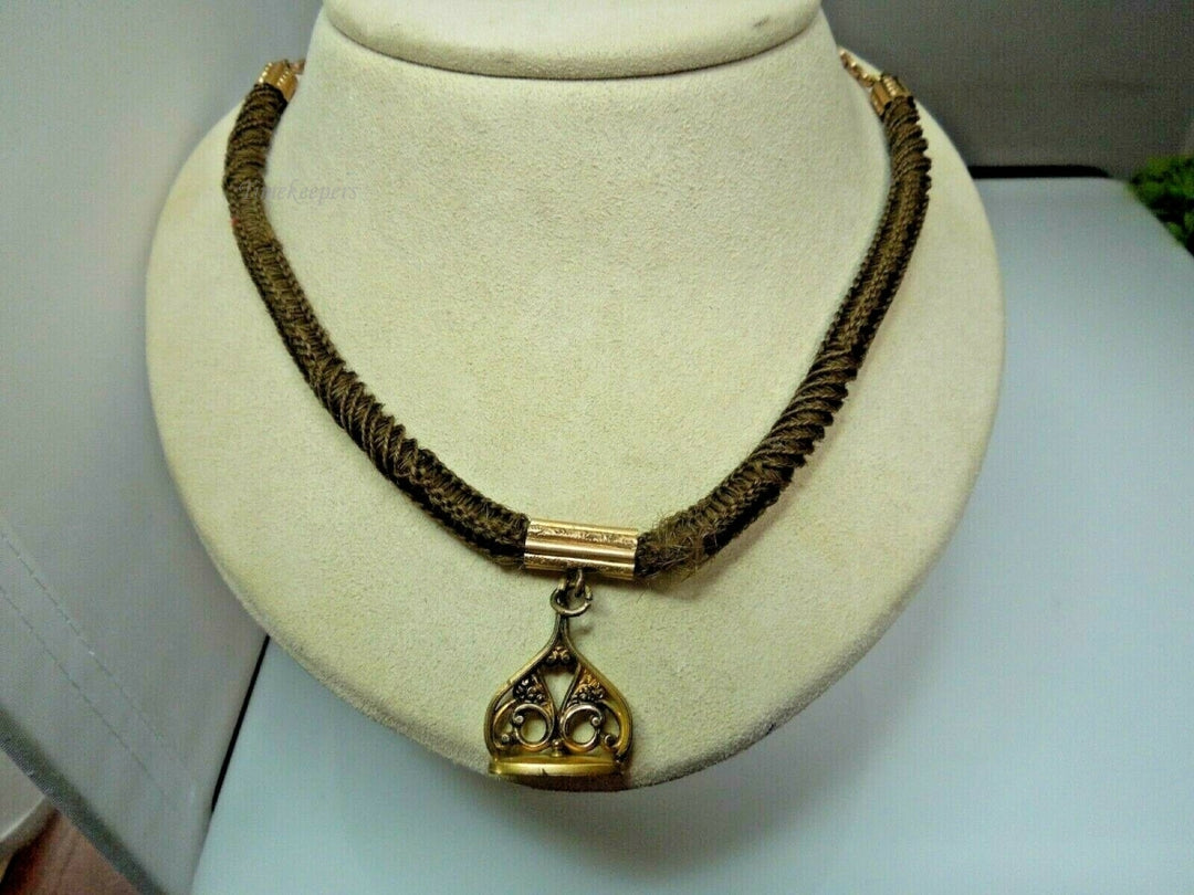 e590 Victorian Era Woven Hair Vest Pocket Watch Chain Gold Filled Pendant and Choker Necklace