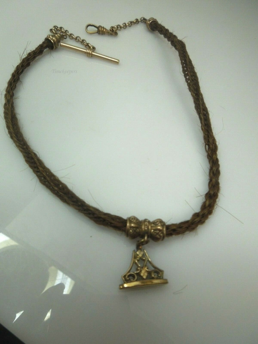 c591 Handsome Victorian Era Woven Hair Vest Chain with Gold Filled Pendant