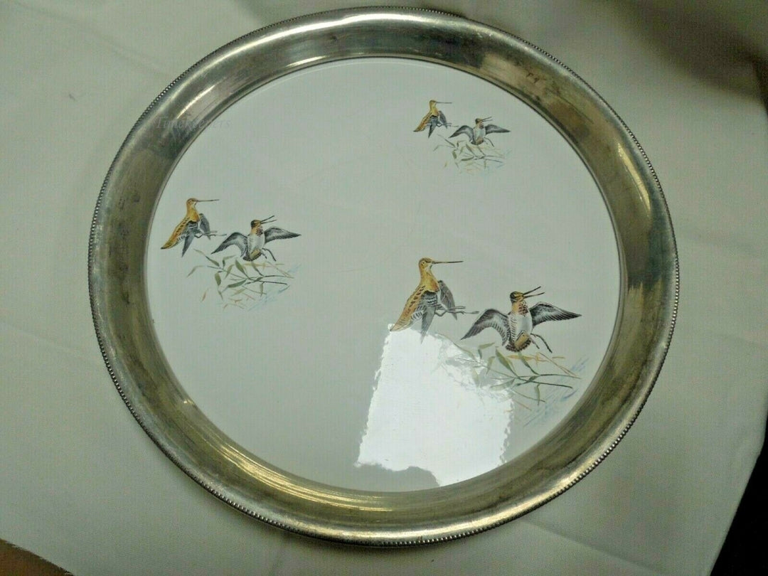 q730 Vintage Silver Plate Tray Etched Hummingbird inlay Design 13" Round Serving Tray or Display