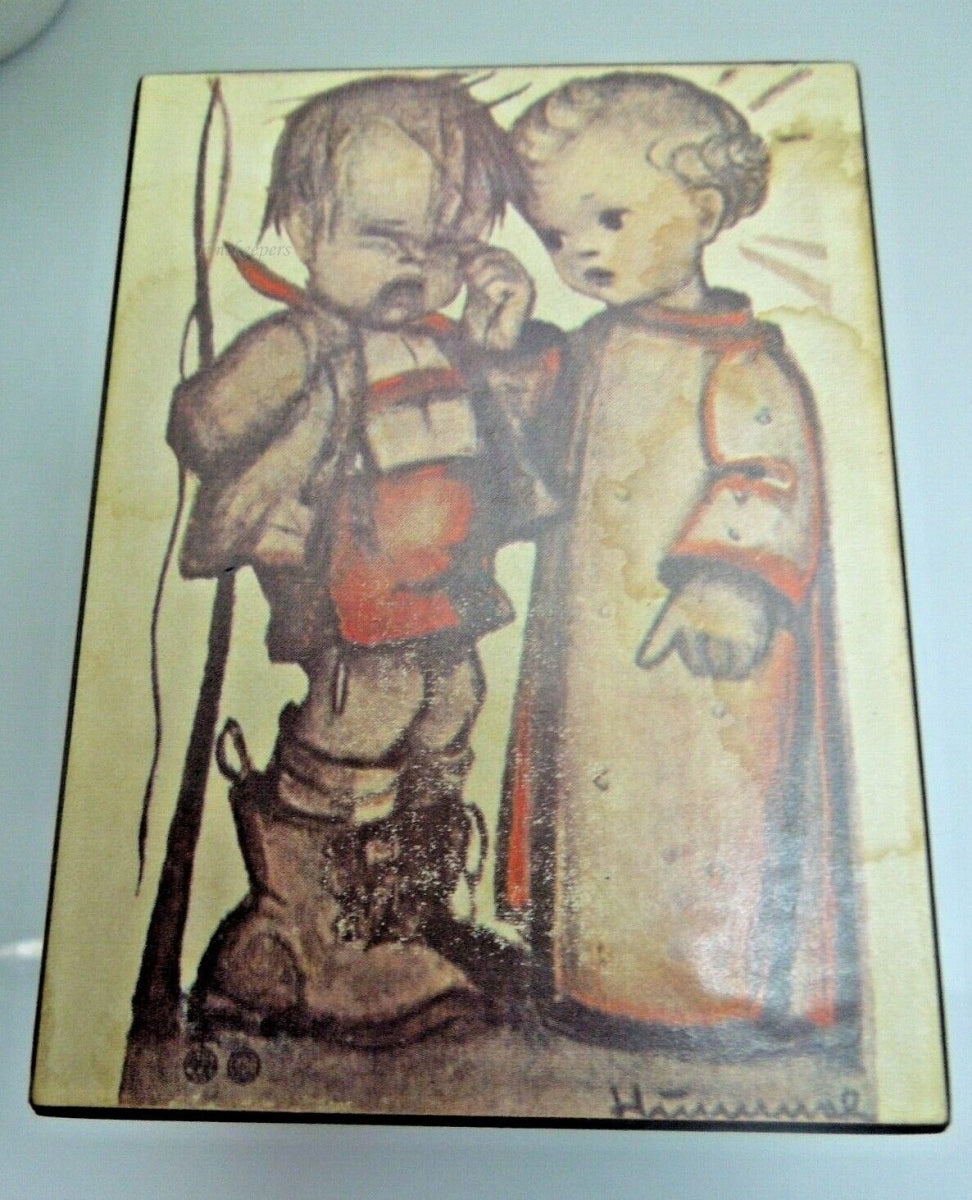 r377 Vintage 1975 Wood Music Box Two Kids Picture Sankyo Movement Made in Hong Kong