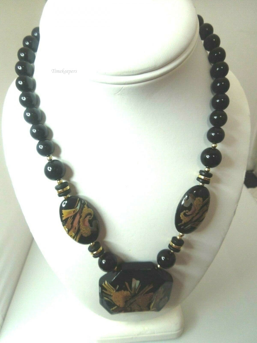 q592 Vintage Black Beaded Necklace Japan Signed Pendant Gold Accents Estate 18"