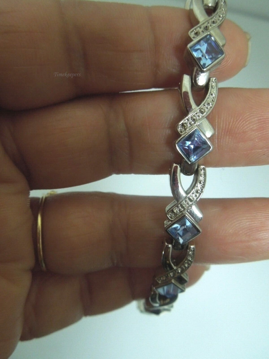 r670 Vintage 1950s Silvertone 7" Link Bracelet Faux Blue Rhinestone Tennis Bracelet