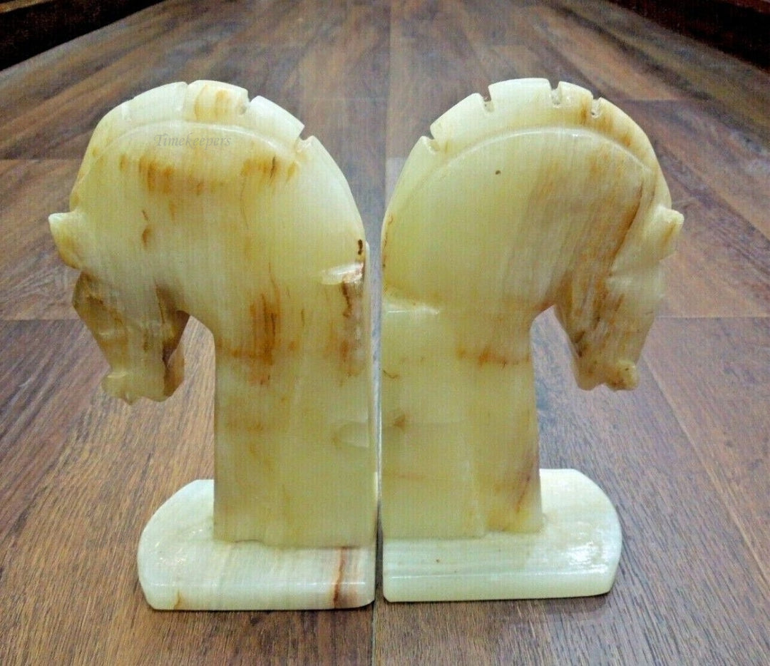 r924 Vintage Trojan Horse Head Bookends ~ Carved Marble Stone Bookends ~ 8-1/2" Set of 2  
