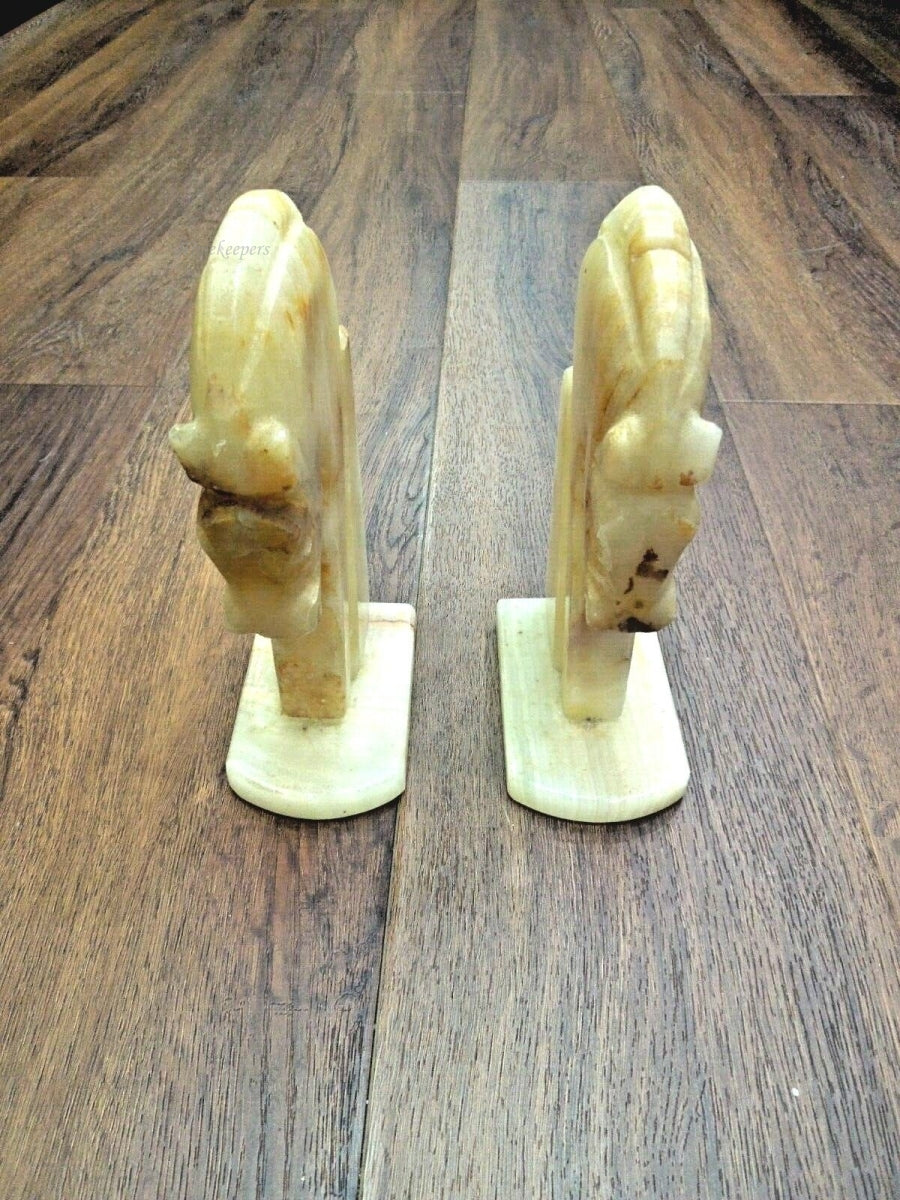 r924 Vintage Trojan Horse Head Bookends ~ Carved Marble Stone Bookends ~ 8-1/2" Set of 2  