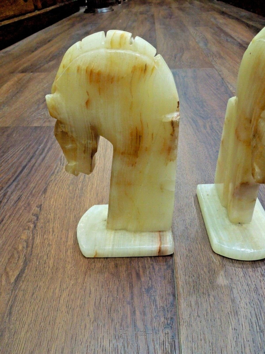 r924 Vintage Trojan Horse Head Bookends ~ Carved Marble Stone Bookends ~ 8-1/2" Set of 2  