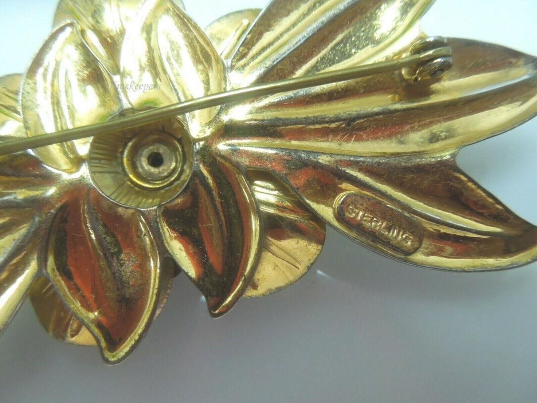 q495 Vintage Sterling Silver Flower Leaf Gold Wash Pin Brooch