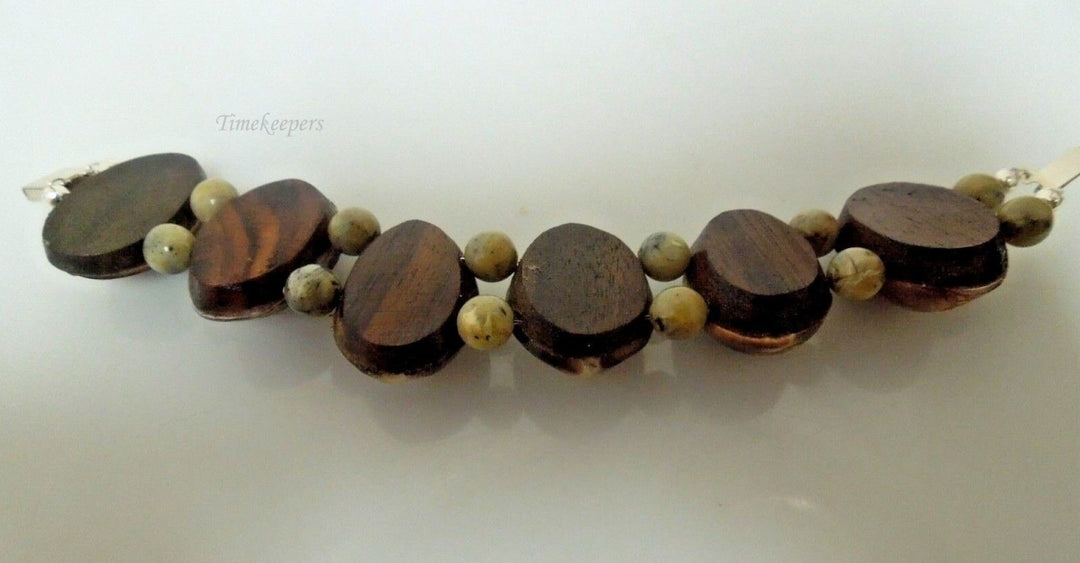 r822 Vintage Handmade Brown White Shell Wood Mounted Bracelet Sterling Silver Clasp