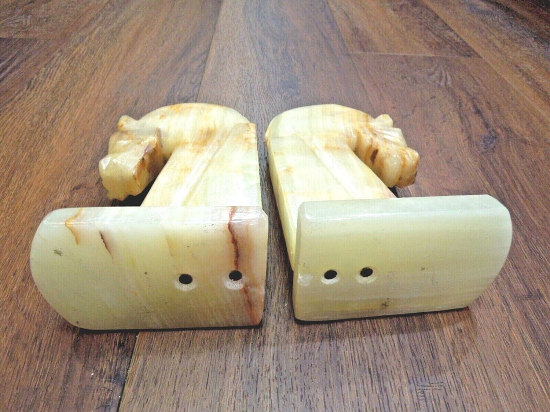 r924 Vintage Trojan Horse Head Bookends ~ Carved Marble Stone Bookends ~ 8-1/2" Set of 2  