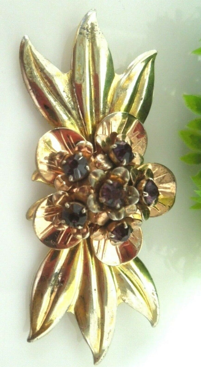 q495 Vintage Sterling Silver Flower Leaf Gold Wash Pin Brooch