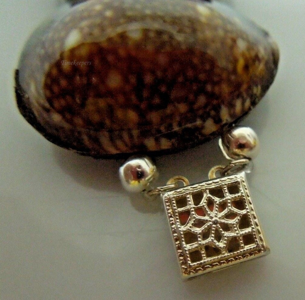 r822 Vintage Handmade Brown White Shell Wood Mounted Bracelet Sterling Silver Clasp