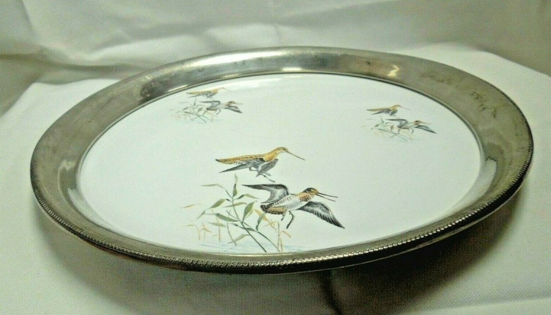 q730 Vintage Silver Plate Tray Etched Hummingbird inlay Design 13" Round Serving Tray or Display