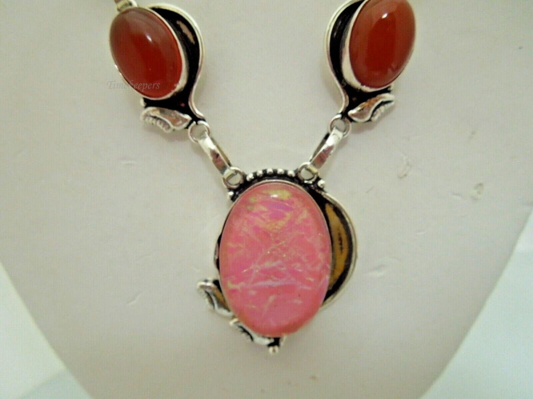 r623 Stunning Beautiful Necklace and Red Carnelian Gemstone and faux pink stone framed in Sterling Silver Pendant 20" 