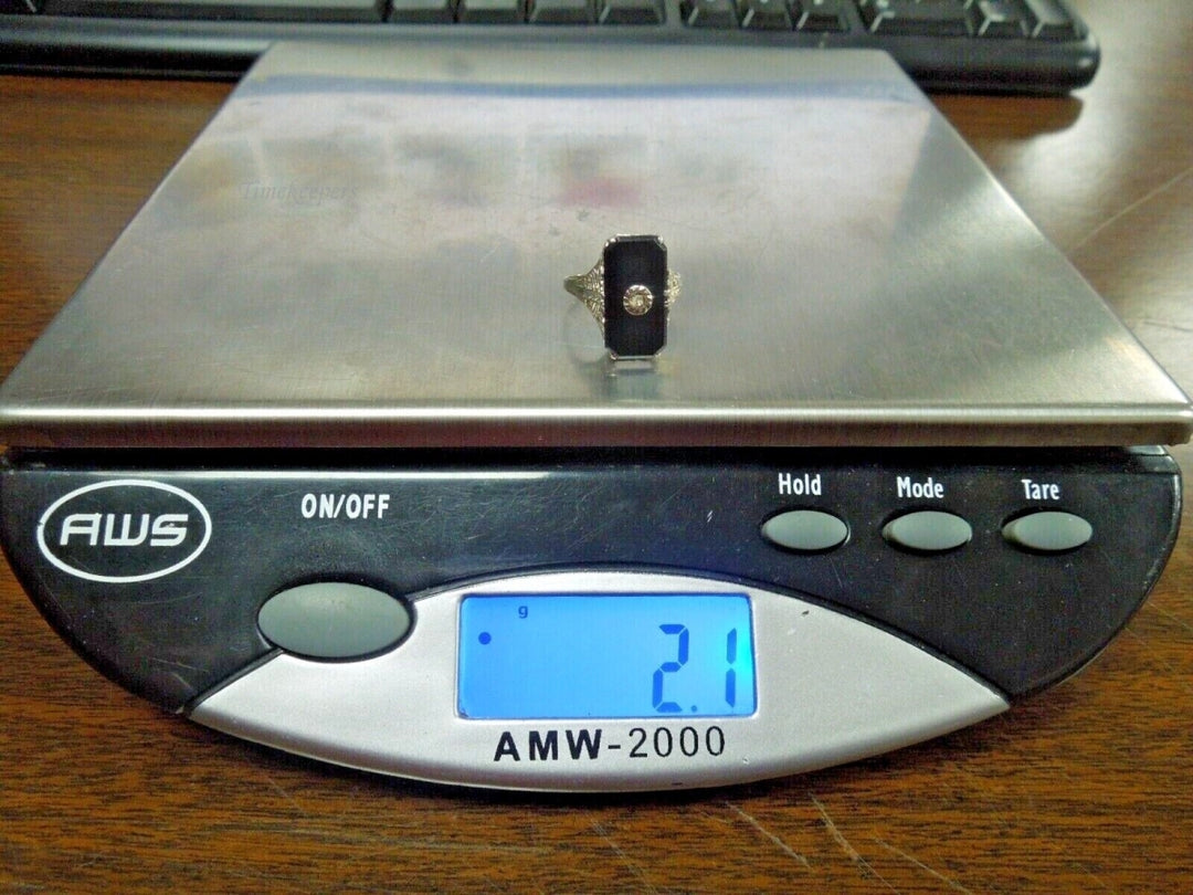 r759 14kt Vintage White Gold Onyx Filigree Ring Size 4.75 Signed