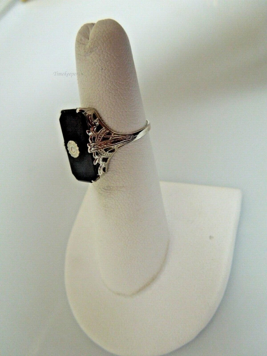 r759 14kt Vintage White Gold Onyx Filigree Ring Size 4.75 Signed