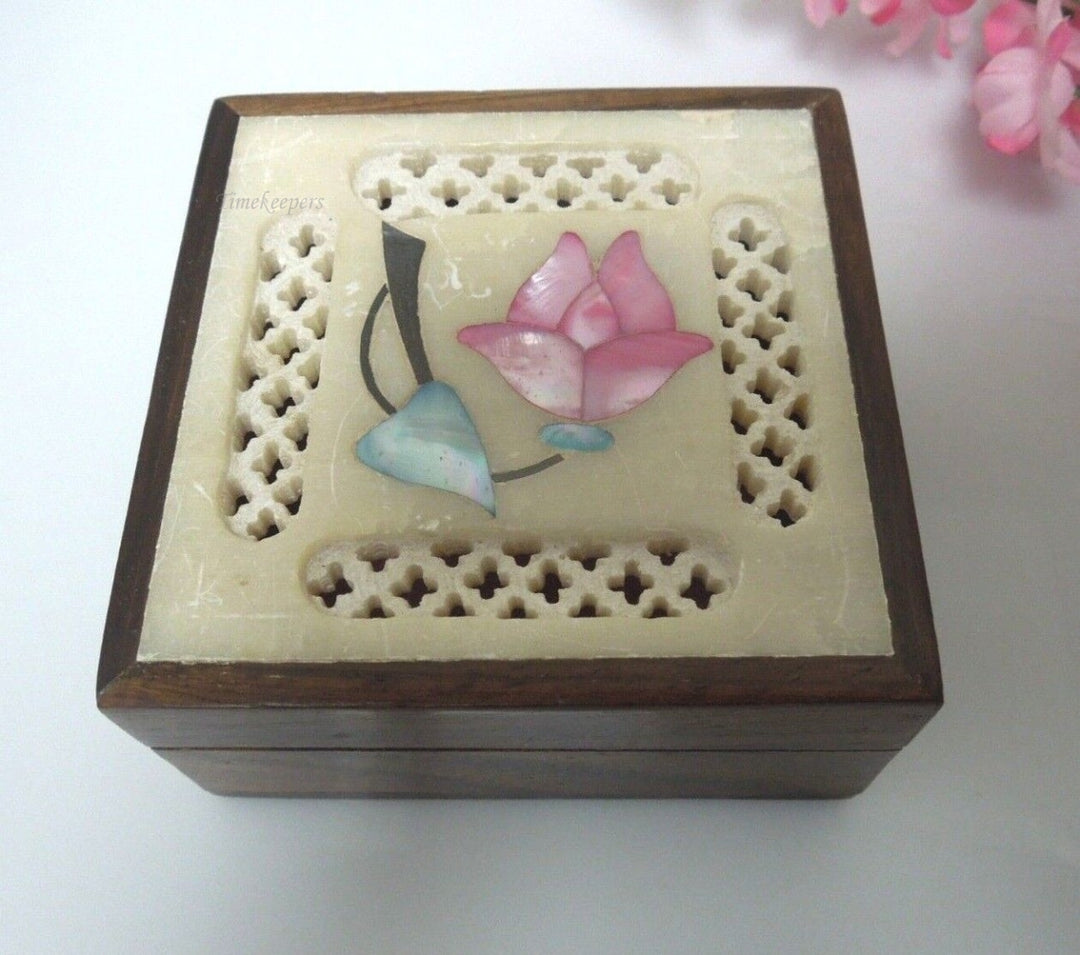 r745 Vintage Wooden Marble top Hand Carved Enamel Trinket Box Made In India