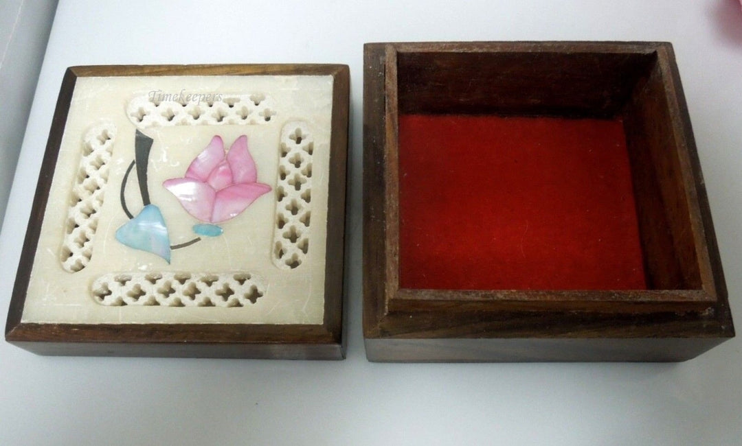 r745 Vintage Wooden Marble top Hand Carved Enamel Trinket Box Made In India