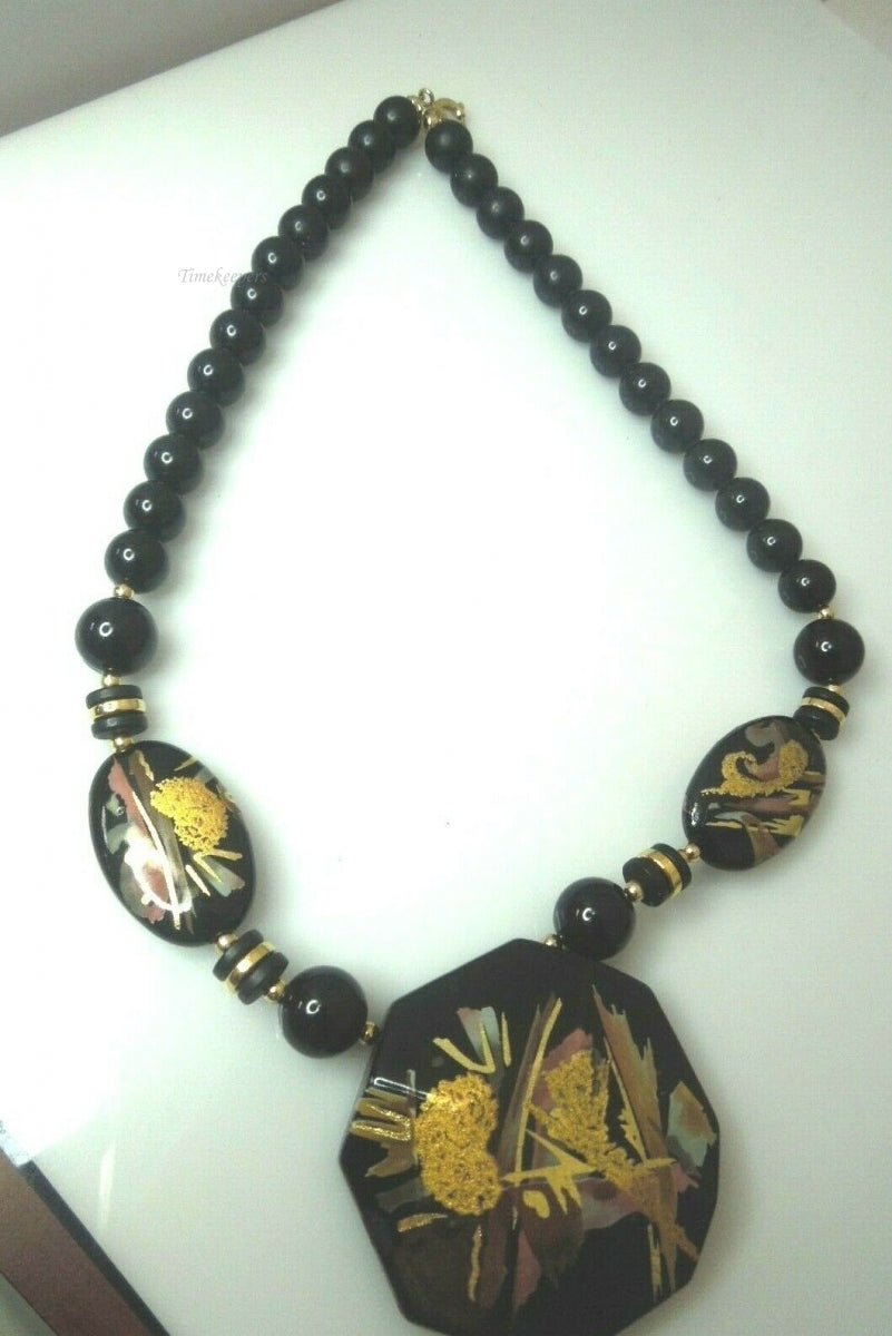 q592 Vintage Black Beaded Necklace Japan Signed Pendant Gold Accents Estate 18"