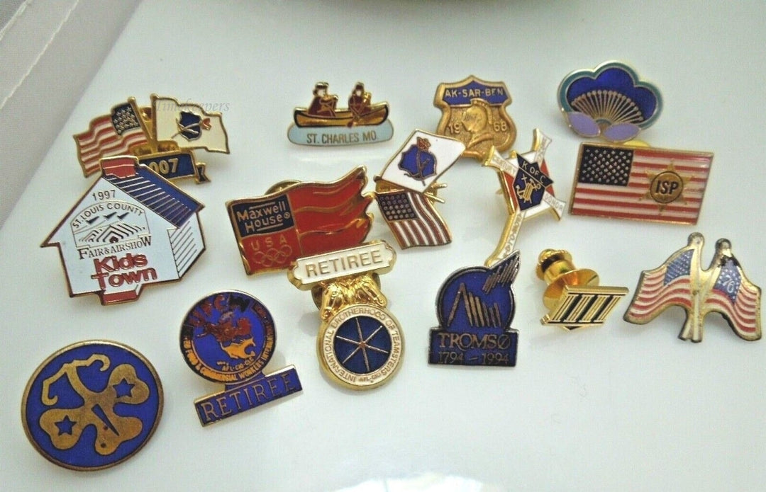 r388 Lot of 15 Vintage American Flag,Stl Pins,Retiree Pins Enamel Vintage