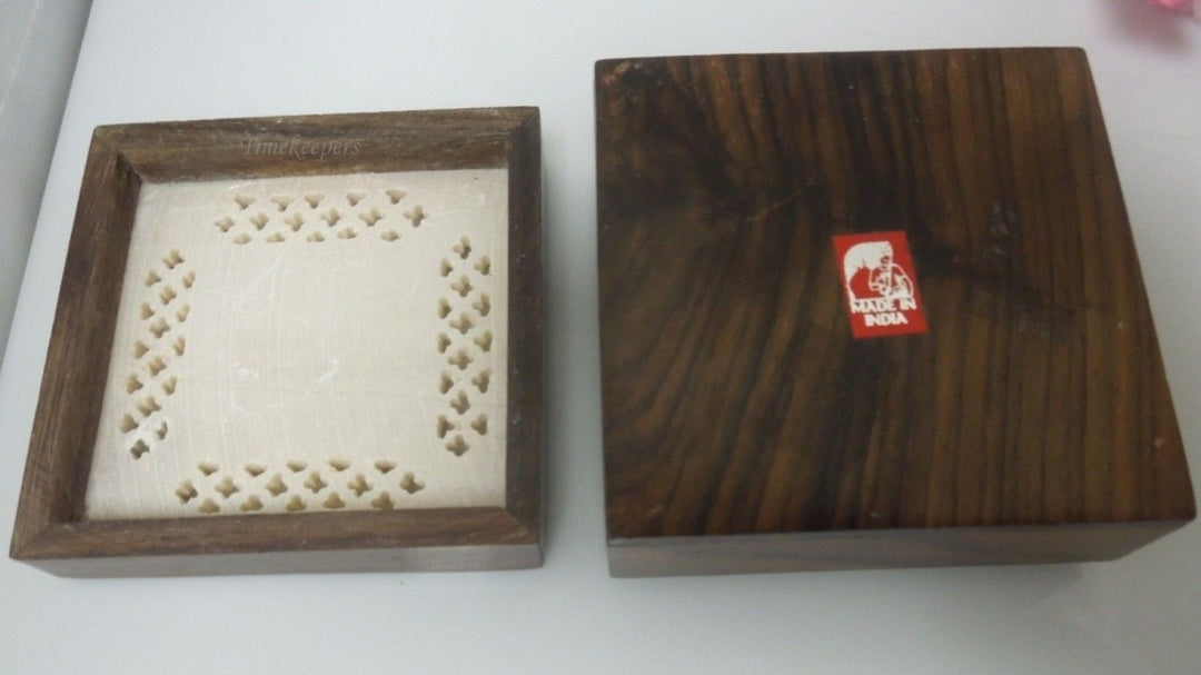 r745 Vintage Wooden Marble top Hand Carved Enamel Trinket Box Made In India