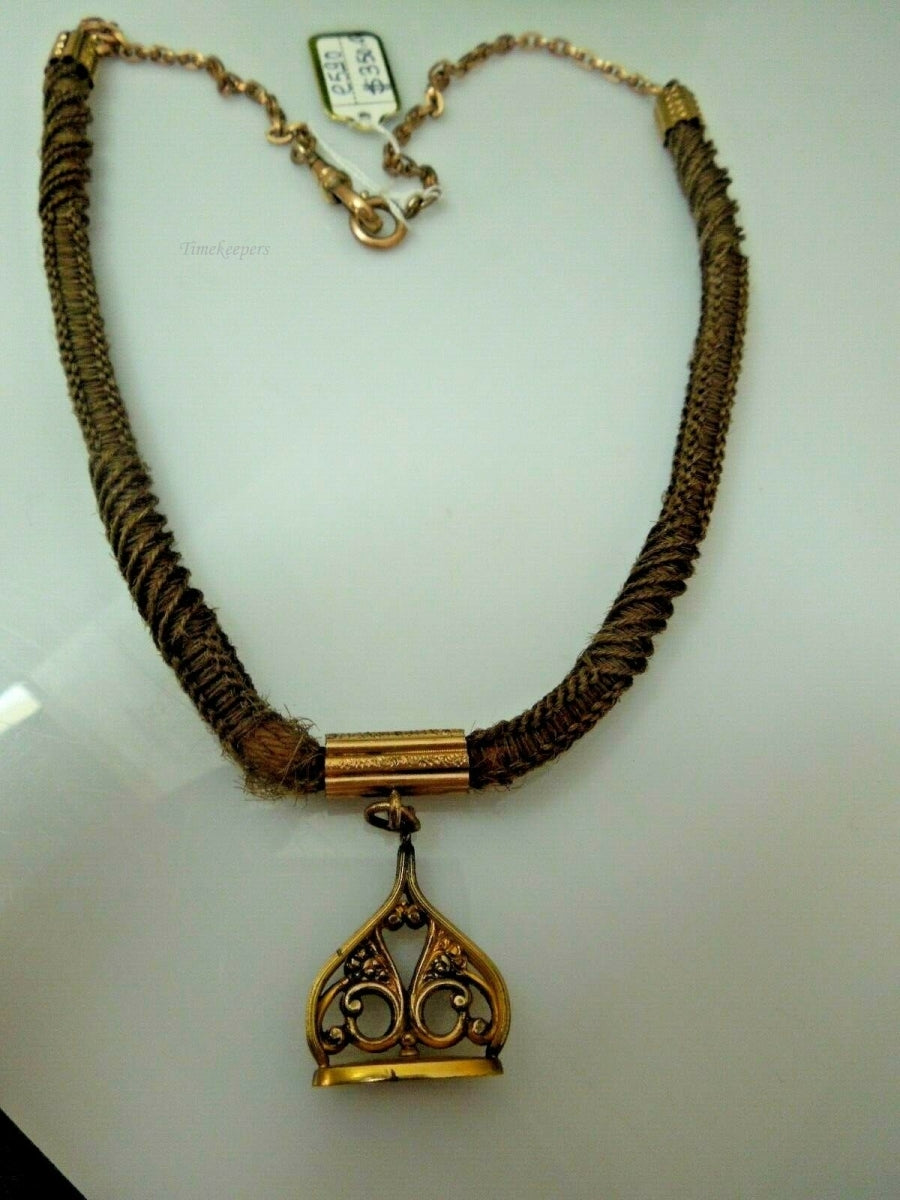 e590 Victorian Era Woven Hair Vest Pocket Watch Chain Gold Filled Pendant and Choker Necklace