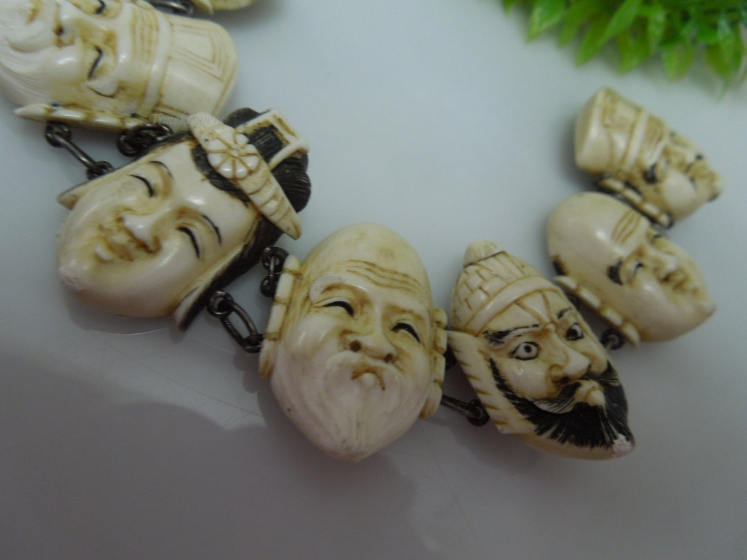 q233 Vintage Japanese Silver Carved Seven Lucky Gods Bracelet 6.5"