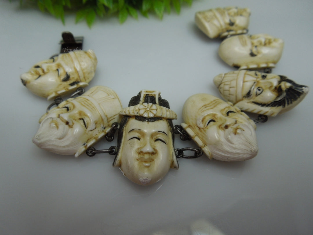 q233 Vintage Japanese Silver Carved Seven Lucky Gods Bracelet 6.5"