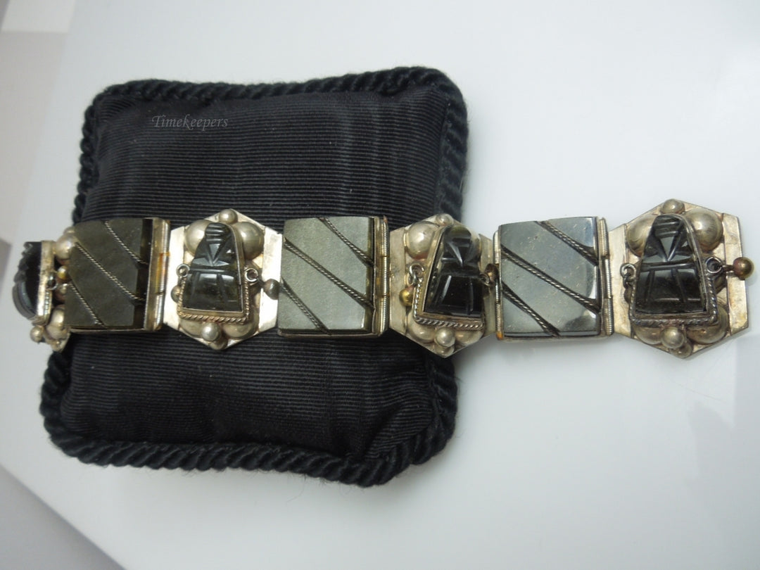 q241 Vintage Sterling Silver Wide Black Onyx Bracelet 7"