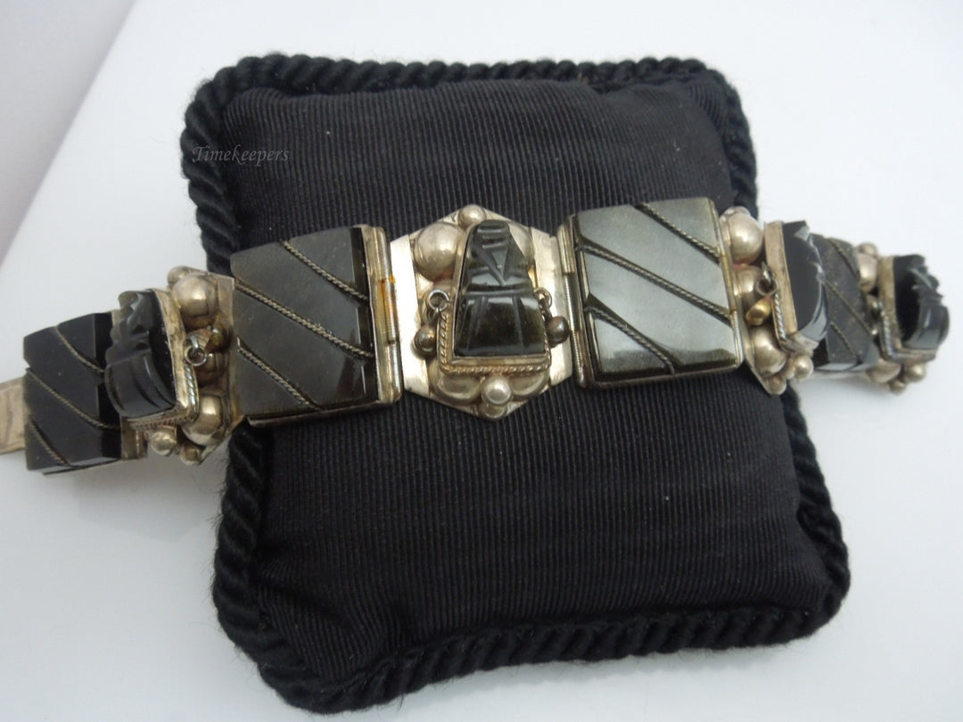 q241 Vintage Sterling Silver Wide Black Onyx Bracelet 7"