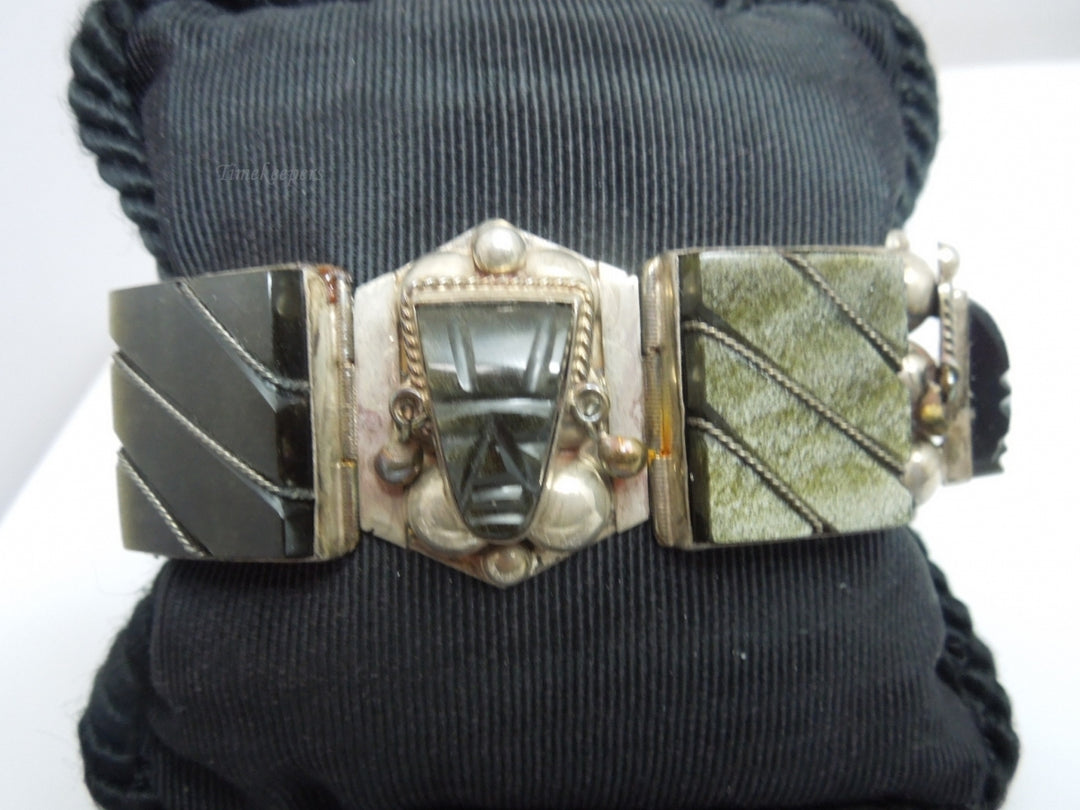 q241 Vintage Sterling Silver Wide Black Onyx Bracelet 7"