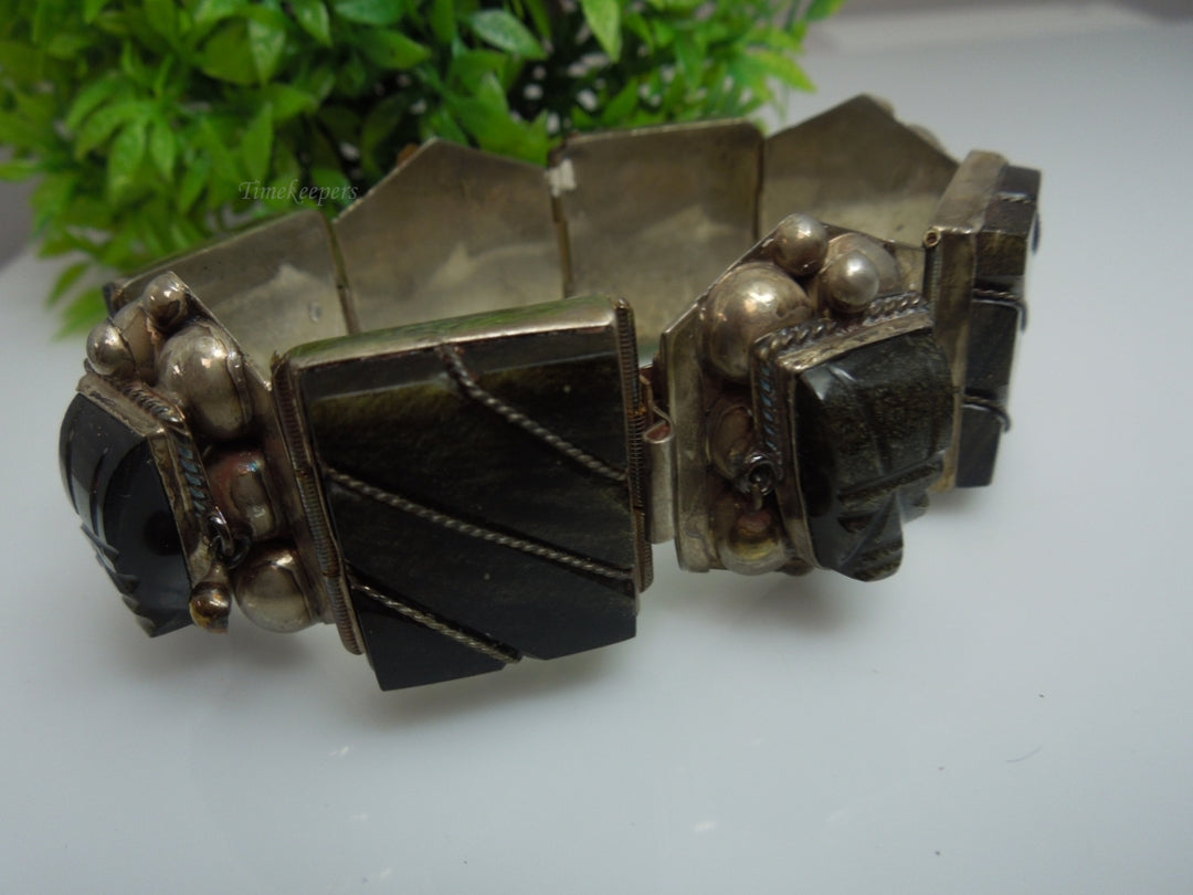 q241 Vintage Sterling Silver Wide Black Onyx Bracelet 7"