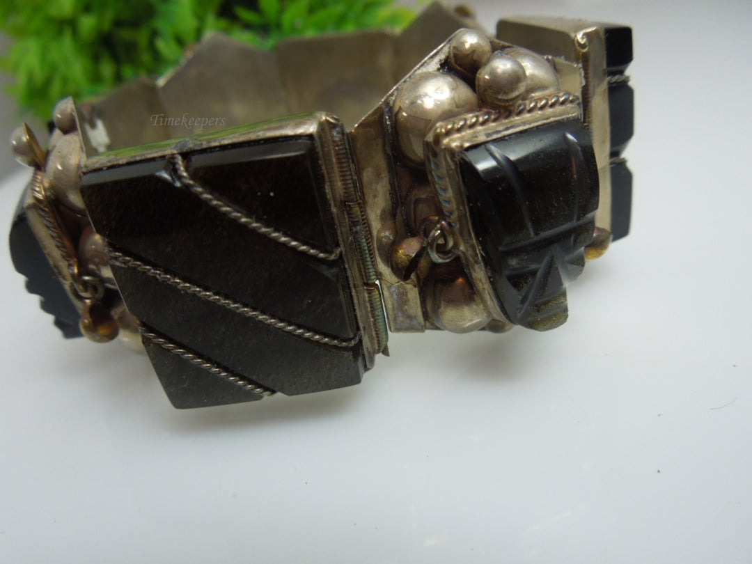 q241 Vintage Sterling Silver Wide Black Onyx Bracelet 7"