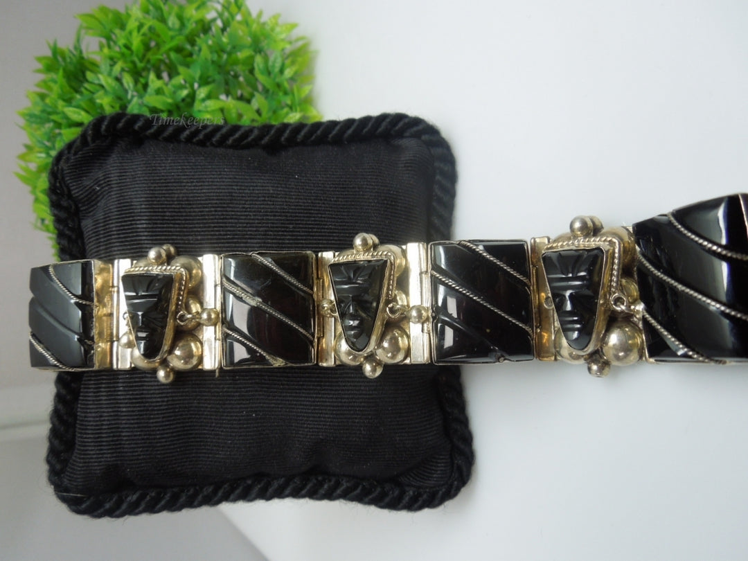 q241 Vintage Sterling Silver Wide Black Onyx Bracelet 7"