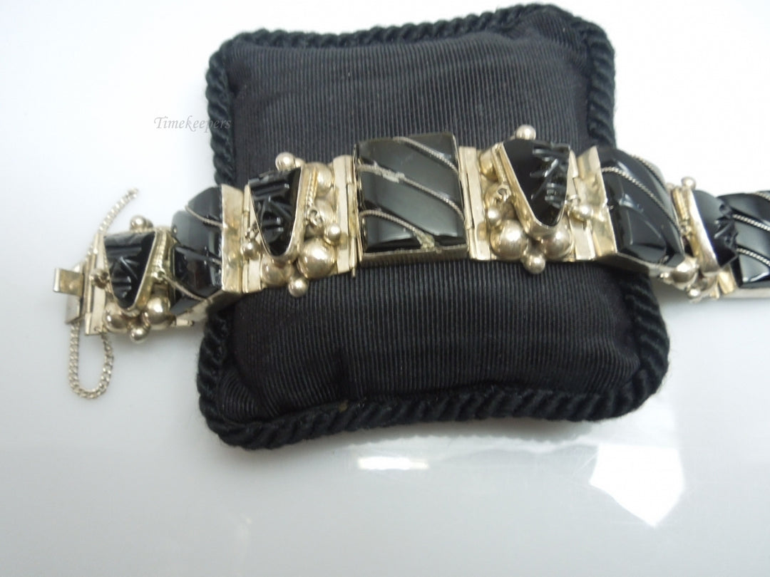 q241 Vintage Sterling Silver Wide Black Onyx Bracelet 7"