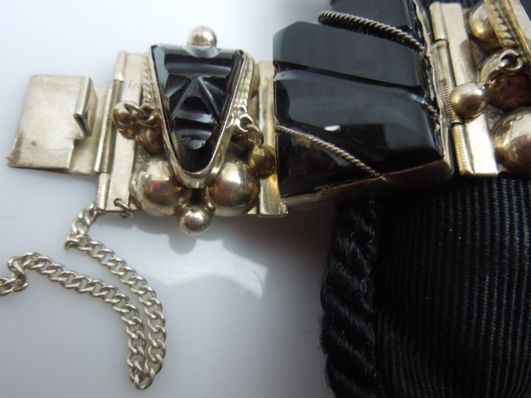 q241 Vintage Sterling Silver Wide Black Onyx Bracelet 7"