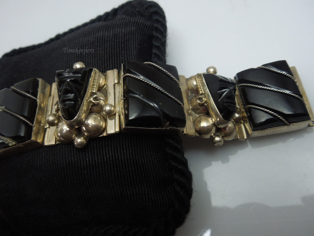 q241 Vintage Sterling Silver Wide Black Onyx Bracelet 7"