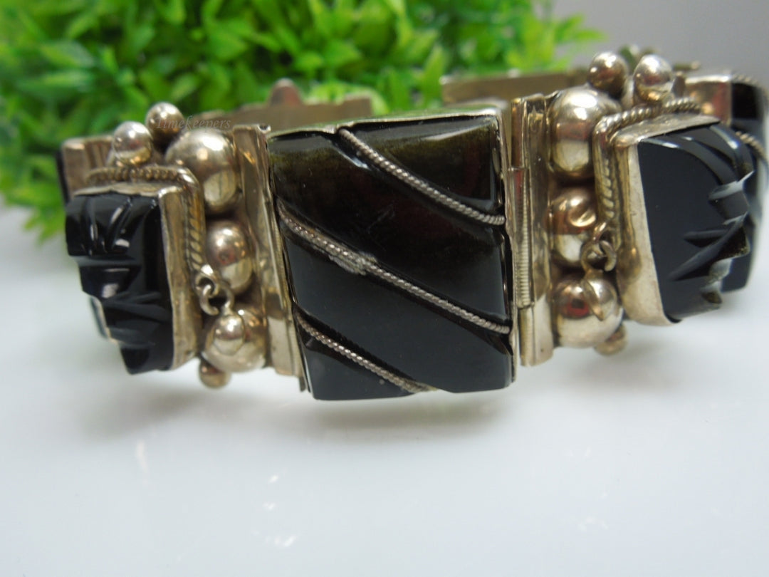 q241 Vintage Sterling Silver Wide Black Onyx Bracelet 7"
