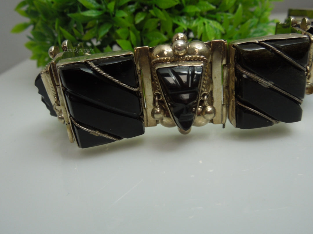 q241 Vintage Sterling Silver Wide Black Onyx Bracelet 7"