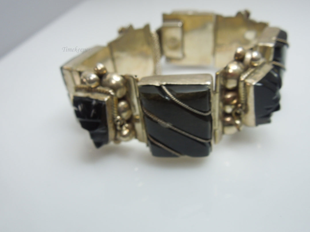 q241 Vintage Sterling Silver Wide Black Onyx Bracelet 7"