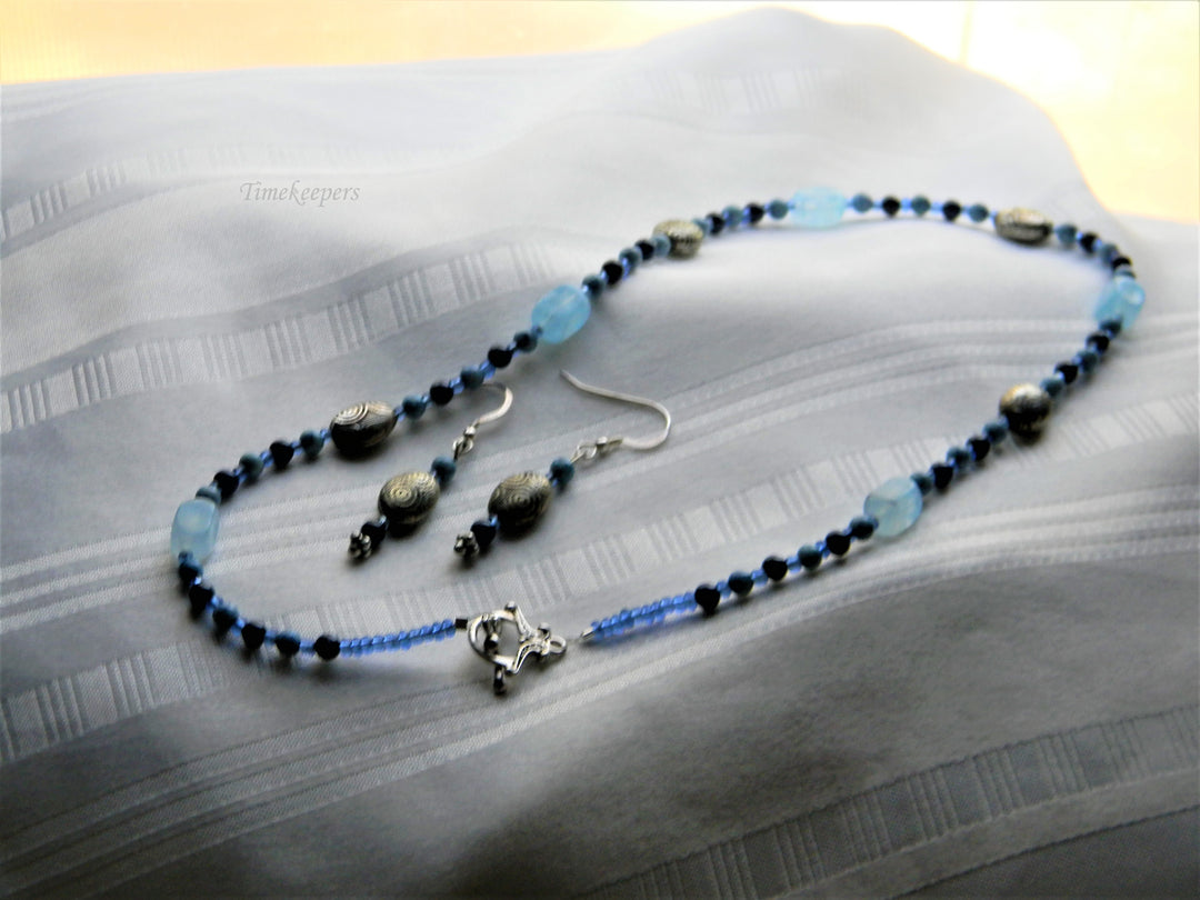 j556 Beautiful Handmade Beaded Necklace and Earring Set in Blues and Silver