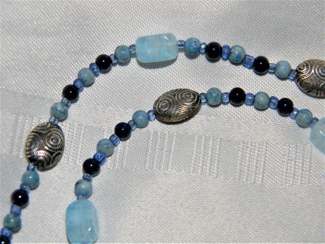 j556 Beautiful Handmade Beaded Necklace and Earring Set in Blues and Silver