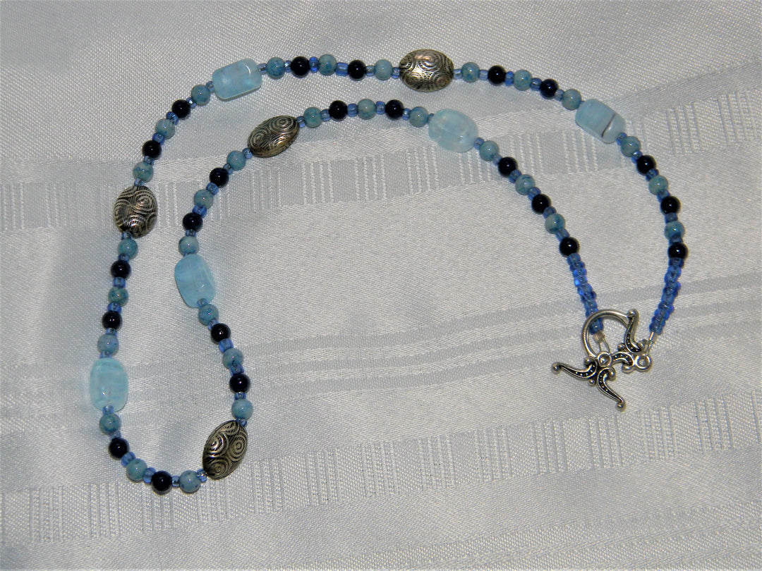 j556 Beautiful Handmade Beaded Necklace and Earring Set in Blues and Silver