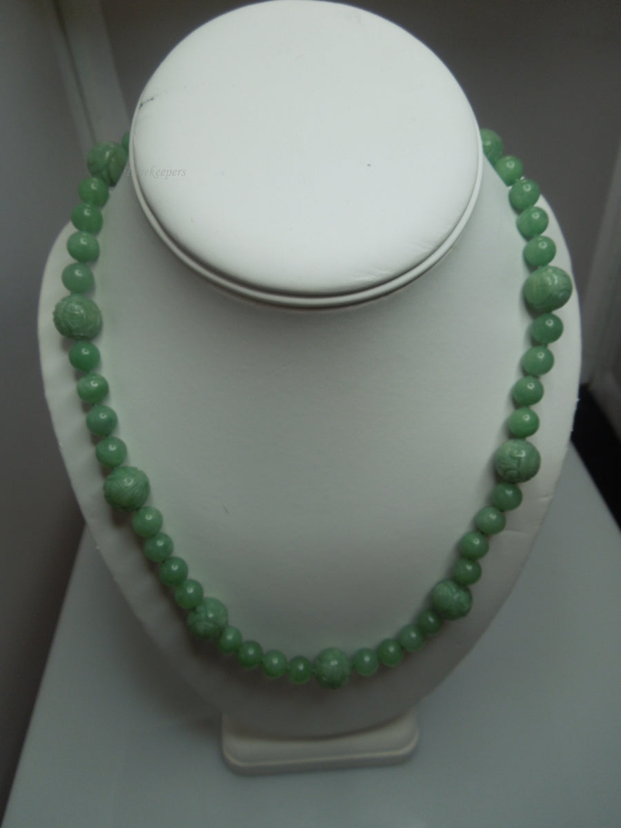 q251 Vintage Carved Green Aventurine 19" Long with 9 Carved Beads Necklace