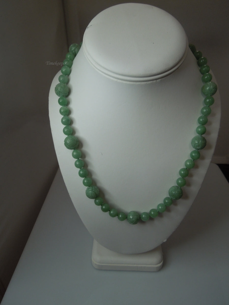 q251 Vintage Carved Green Aventurine 19" Long with 9 Carved Beads Necklace