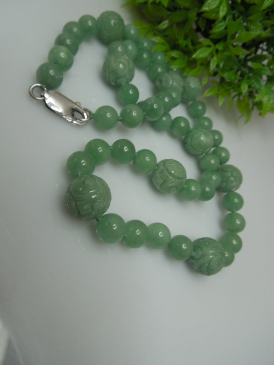 q251 Vintage Carved Green Aventurine 19" Long with 9 Carved Beads Necklace