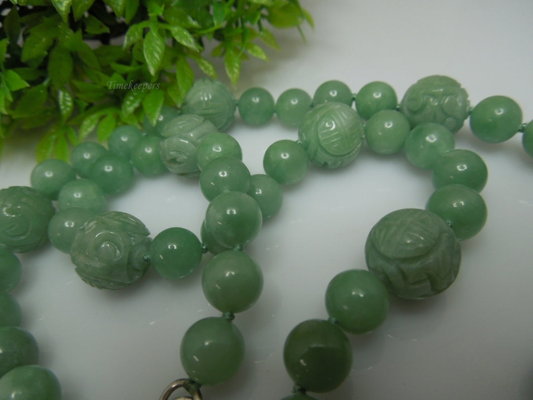 q251 Vintage Carved Green Aventurine 19" Long with 9 Carved Beads Necklace