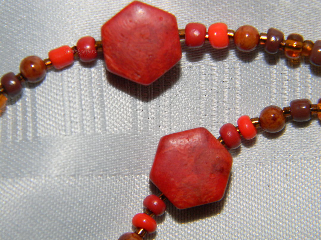 j557 Beautiful Handmade Beaded Necklace and Earring Set in Green Orange Yellow