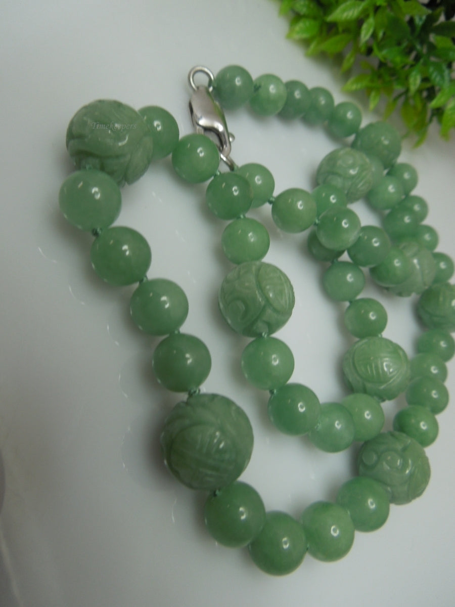 q251 Vintage Carved Green Aventurine 19" Long with 9 Carved Beads Necklace