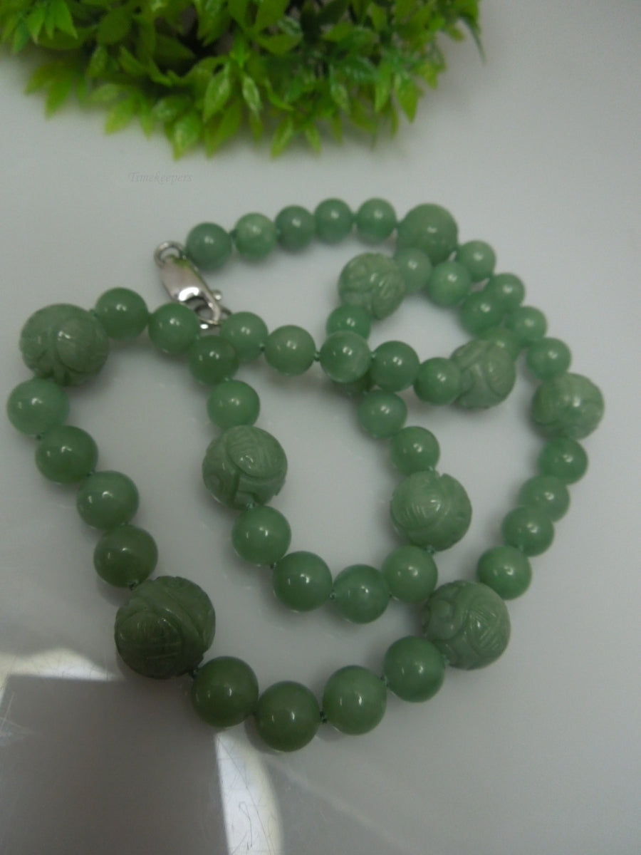 q251 Vintage Carved Green Aventurine 19" Long with 9 Carved Beads Necklace