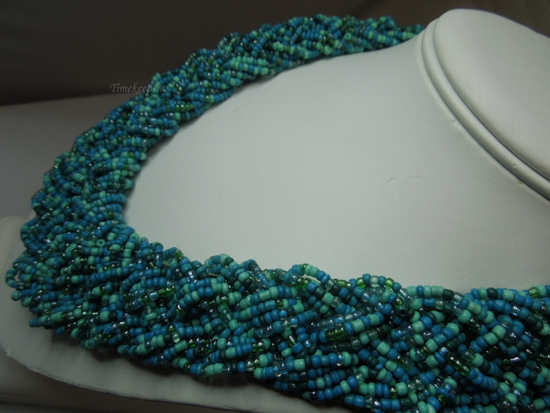 q296 Vintage Blue Seed Bead Multi Strand Twist Weave Braid Choker Necklace 18" Long (Hand Made Necklace)