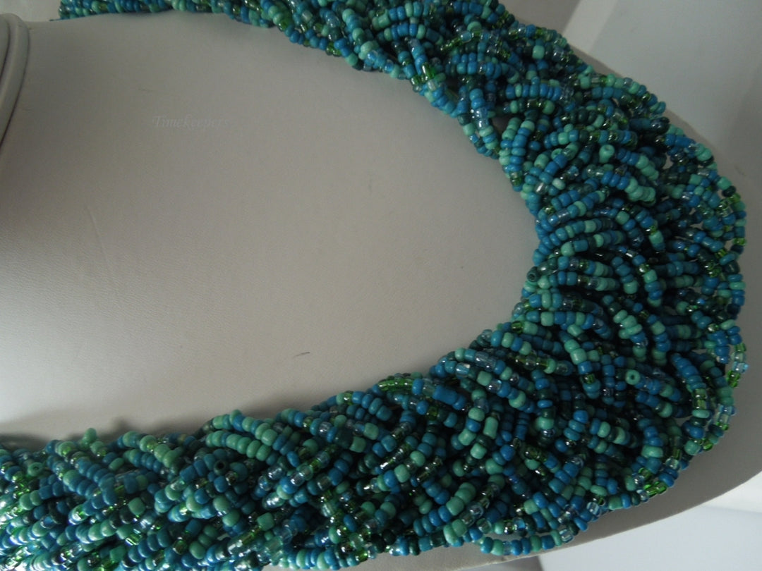 q296 Vintage Blue Seed Bead Multi Strand Twist Weave Braid Choker Necklace 18" Long (Hand Made Necklace)